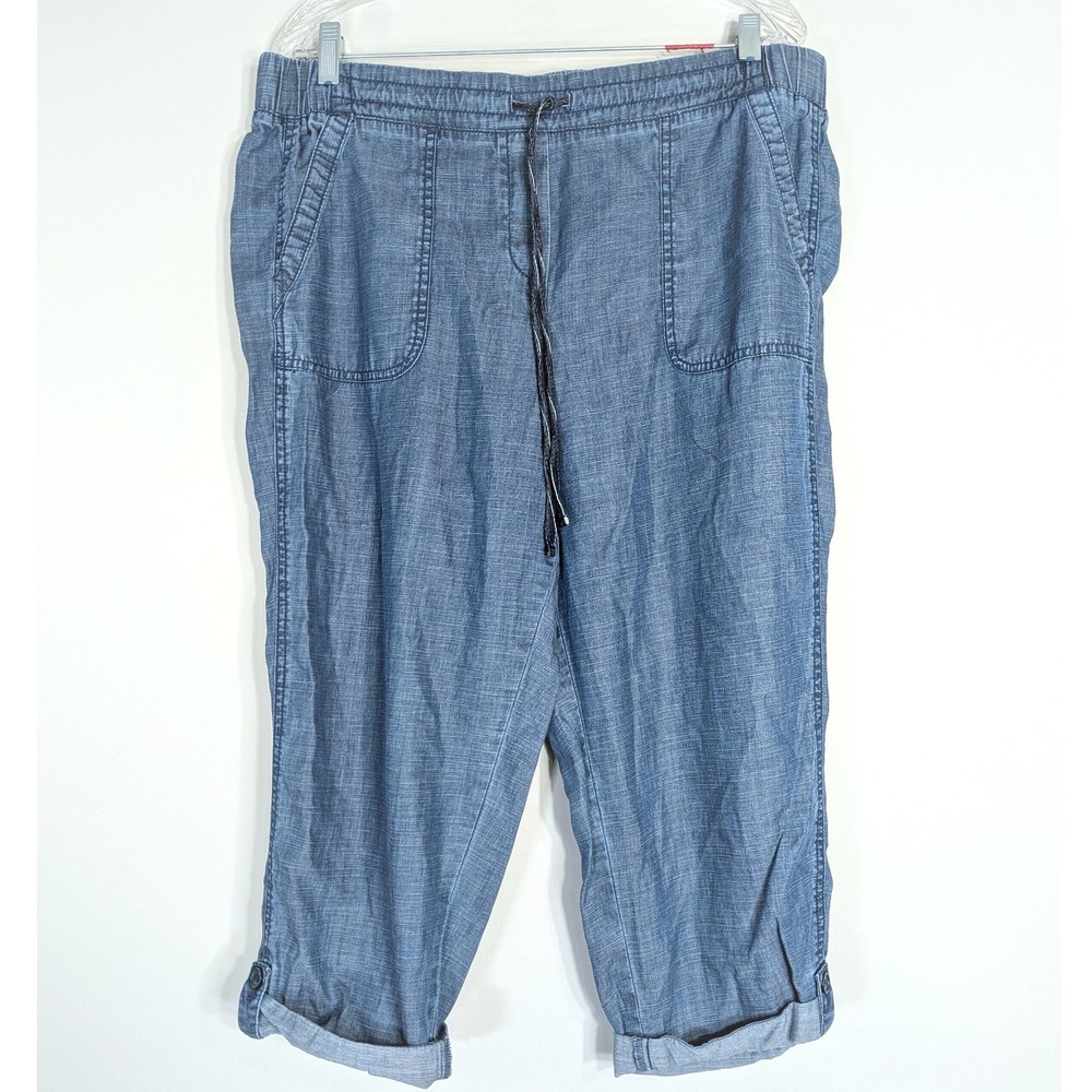 Talbots Blue Chambray Pants; Elastic Waist Cuffed Cropped 16P